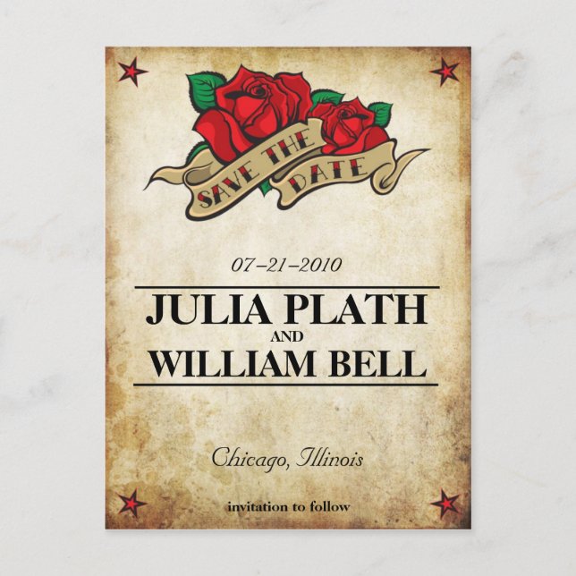 Postal De Anuncios Tatuaje Rosa Guardar la Fecha (Anverso)