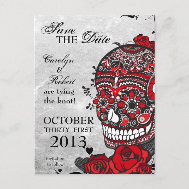 Postal De Anuncios Tatuajes de Rosas y Calavera para Salvar la Fecha (Anverso)