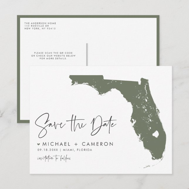Postal De Anuncios Taupe Green Florida Map QR Code Save the Date (Anverso / Reverso)