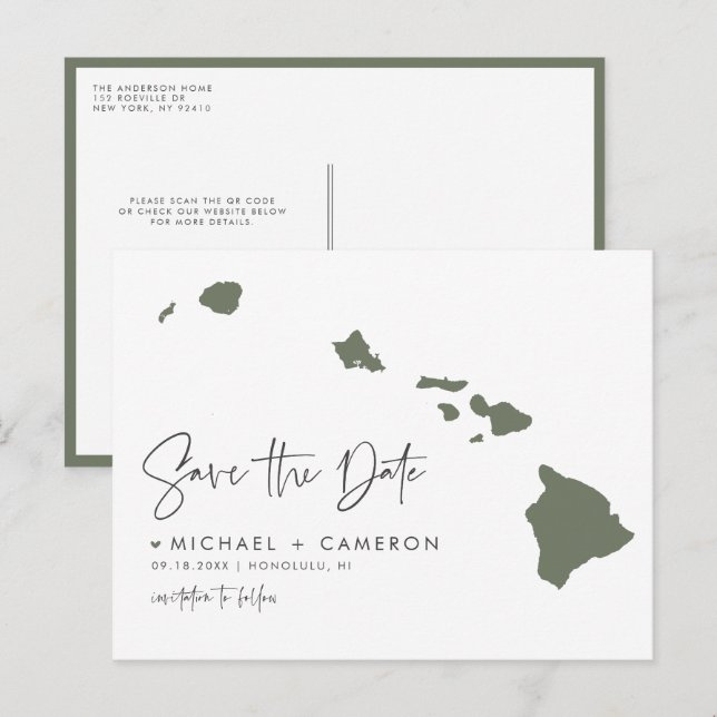 Postal De Anuncios Taupe Green Hawaii Mapa estatal QR Código Guardar  (Anverso / Reverso)