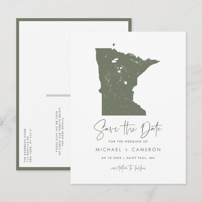 Postal De Anuncios Taupe Green Minnesota Map QR Code Save the Date (Anverso / Reverso)