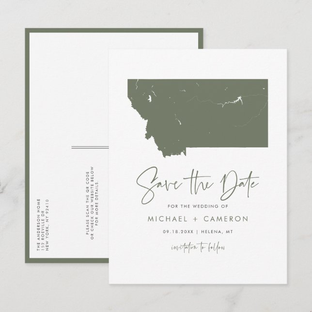 Postal De Anuncios Taupe Green Montana Map QR Code Save the Date (Anverso / Reverso)