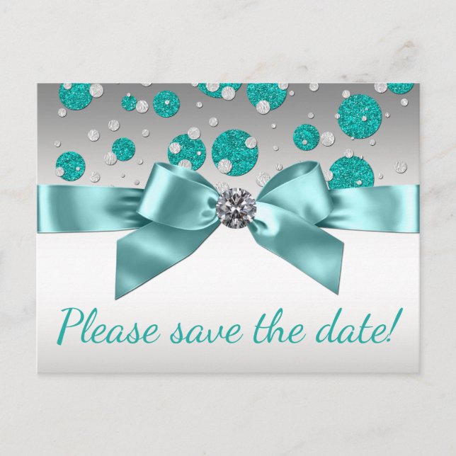 Postal De Anuncios Teal Azul Plata Guardar La Fecha (Anverso)