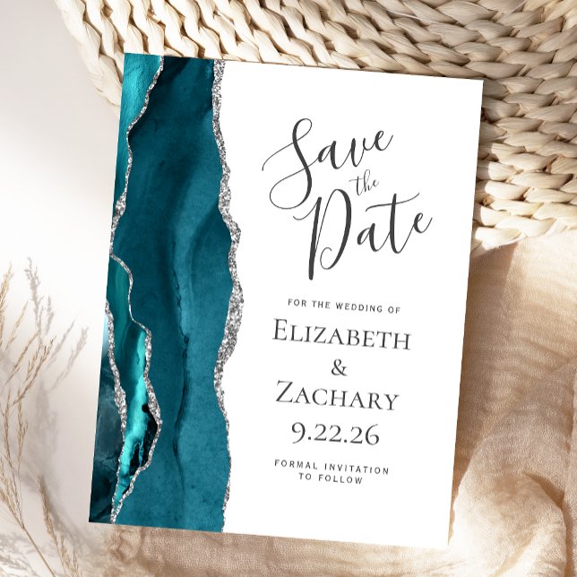 Postal De Anuncios Teal Blue Silver Agate Save the Date (Subido por el creador)