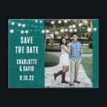 Postal De Anuncios Teal Burlap Rustic Wedding Photo Save The Date<br><div class="desc">This teal wedding photo save the date postcard inspired by burlap is ideal for your teal rustic country,  backyard,  garden or barn wedding party.</div>
