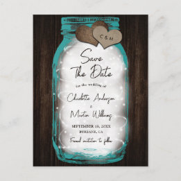 Postal De Anuncios Teal Mason Jar Wood Hearts Wedding Save The Date