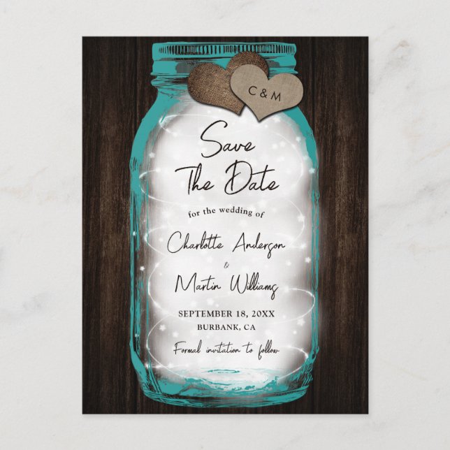 Postal De Anuncios Teal Mason Jar Wood Hearts Wedding Save The Date (Anverso)