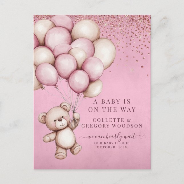 Postal De Anuncios Teddy Bear Pink Baby Girl Budget Pregnancy Reveal (Anverso)