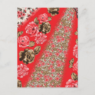 Postal De Anuncios Tejido rojo vibrante con flores intrincadas y 