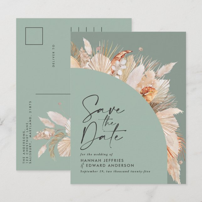 Postal De Anuncios Terracota bohemio moderno hierba de pampas verde s (Anverso / Reverso)