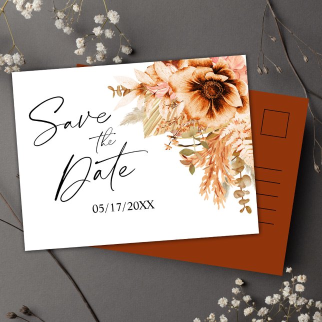 Postal De Anuncios Terracota Floral para Boda Guardar la Fecha (Floral Terracotta Wedding Save The Date Announcement Postcard)