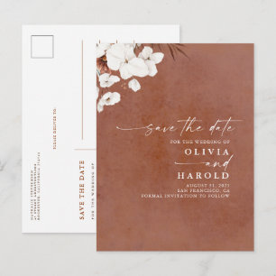 Postal De Anuncios Terracotta y Floral Blanco Boho Guardar la Fecha