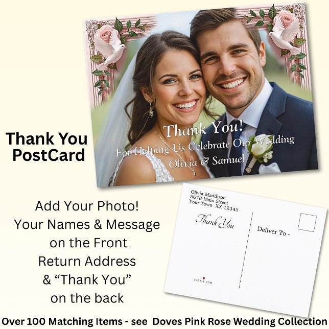 Postal De Anuncios Thank You - Photo with Pink Roses & Doves Wedding (Subido por el creador)