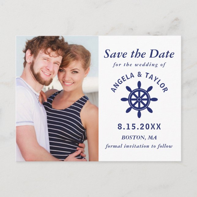 Postal De Anuncios Timón de Capitán Náutico de Boda Foto Azul Marino (Anverso)