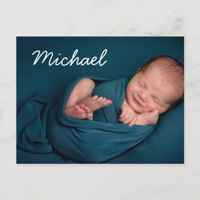 Postal De Anuncios Tipografía Blanca Sencilla Nombre de Niño Foto (Anverso)