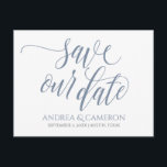 Postal De Anuncios Tipografía boda Guardar-la-fecha- Azul agitado<br><div class="desc">Anuncie a su próximo boda con estilo con esta boda de lujo azul / azul-gris salva la postal de fecha! Puede cambiar el color del diseño cambiando el color de fondo. **CÓMO CAMBIAR EL COLOR DE DISEÑO** 1) Haga clic en el botón "Personalizar". 2) Haga clic en el enlace "ClICK...</div>