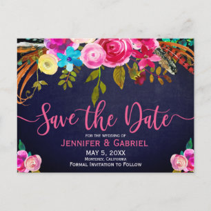 Postal De Anuncios Tipografía floral rosa en azul para aviso de salva