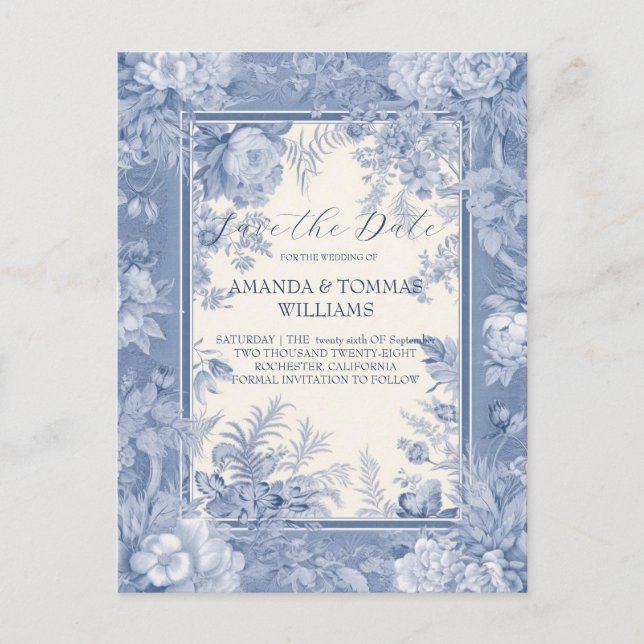 Postal De Anuncios Toile Floral Azul Francés Antiguo (Anverso)