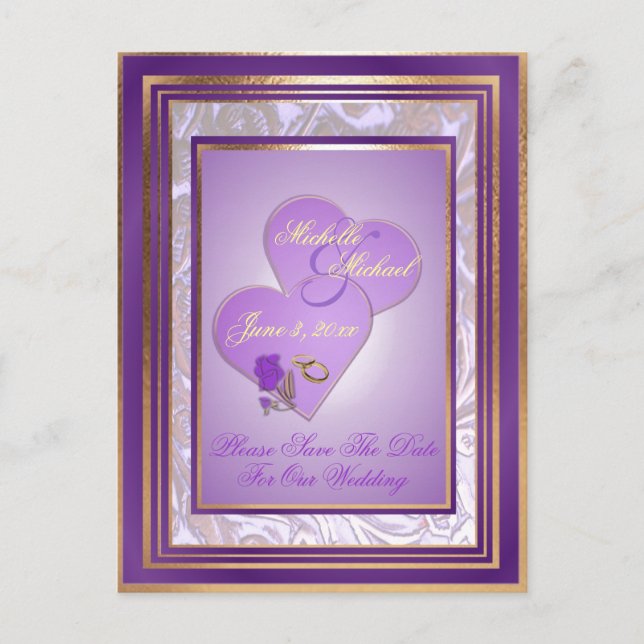 Postal De Anuncios Tonos de Lila Púrpura Boda Dorada Guardar Fecha (Anverso)