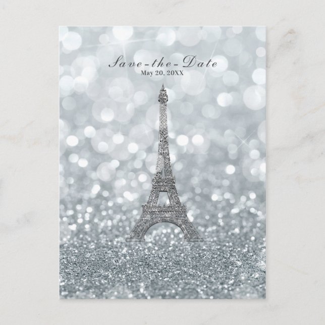 Postal De Anuncios Torre Eiffel de Brillo Plateado Save the Date (Anverso)