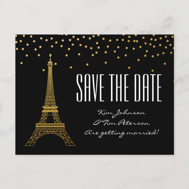 Postal De Anuncios Torre Eiffel París Negro Oro Save The Date (Anverso)