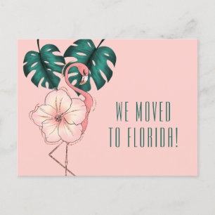 Postal De Anuncios Trasladado a Florida Flamingo Monstera Pink