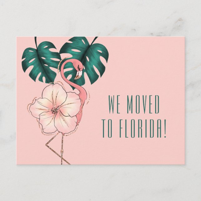 Postal De Anuncios Trasladado a Florida Flamingo Monstera Pink (Anverso)