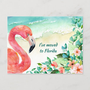 Postal De Anuncios Trasladado a Florida Pink Flamingo Beach Scene