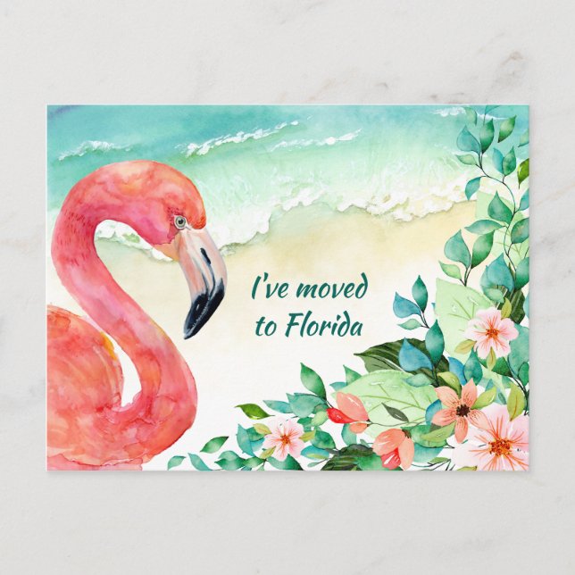 Postal De Anuncios Trasladado a Florida Pink Flamingo Beach Scene (Anverso)