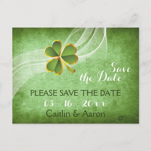Postal De Anuncios Trébol irlandés y velo verde boda Save the Date (Anverso)