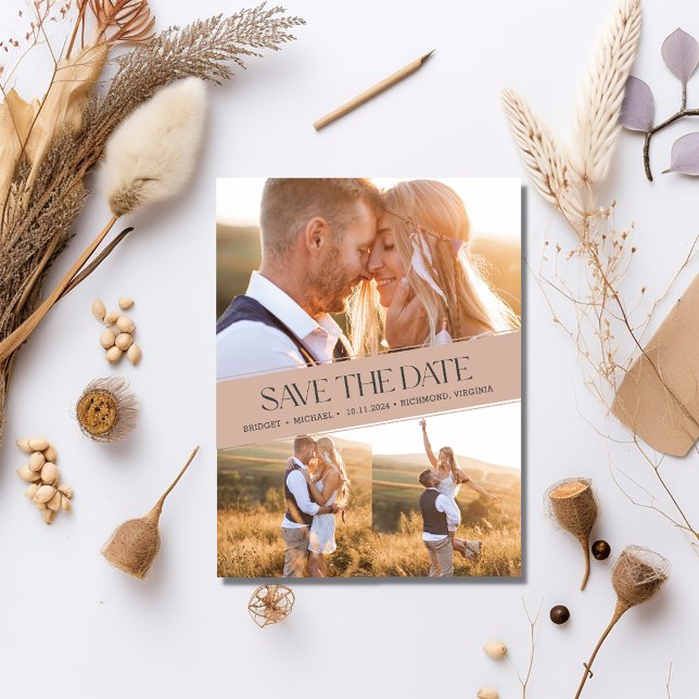 Postal De Anuncios Tres Collage de Fotos Boda Boho Salva la Fecha (Three Photo Collage Boho Wedding Save the Date)