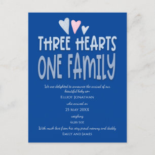 Postal De Anuncios Tres Corazones Un Niño De Familia Azul Oscuro Naci