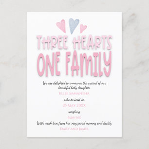 Postal De Anuncios Tres Corazones Una Familia Rosa Nacimiento Niña Be