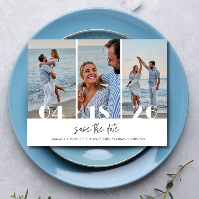 Postal De Anuncios Tres Fotos de Playa para Salvar la Fecha de la Bod (Three Photo Beach Wedding Save the Date Announcement Postcard)