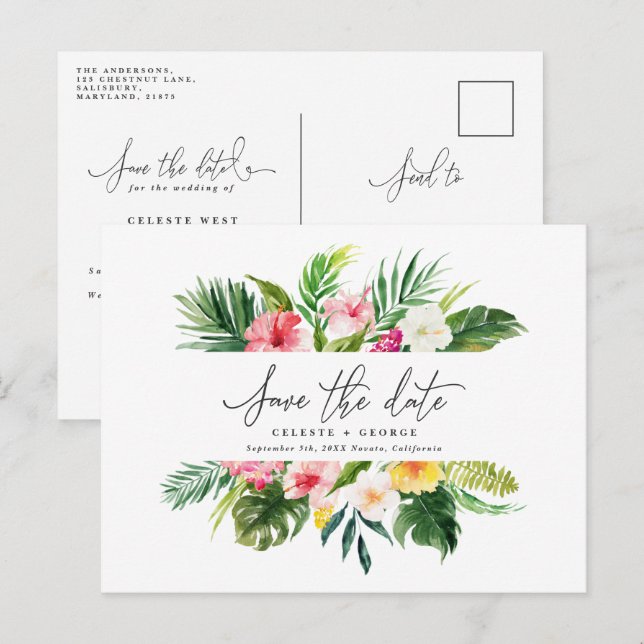 Postal De Anuncios Tropical aguarela follaje guión guardar la fecha (Anverso / Reverso)