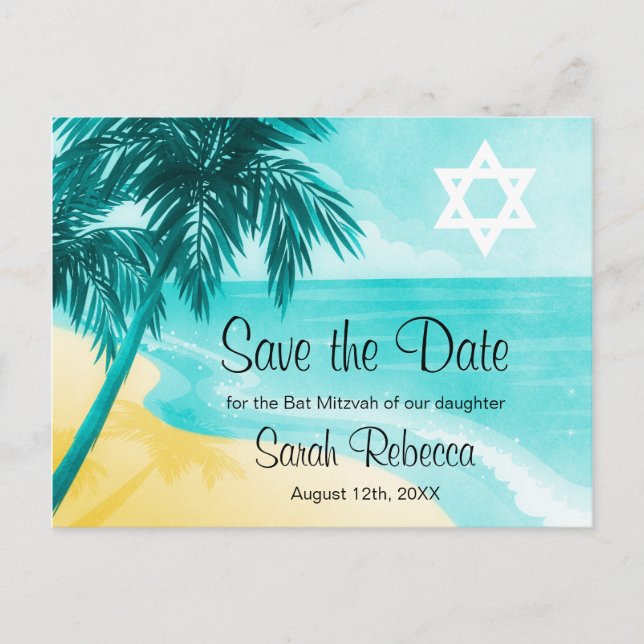 Postal De Anuncios Tropical Beach Bat Mitzvah Guarde la Fecha (Anverso)