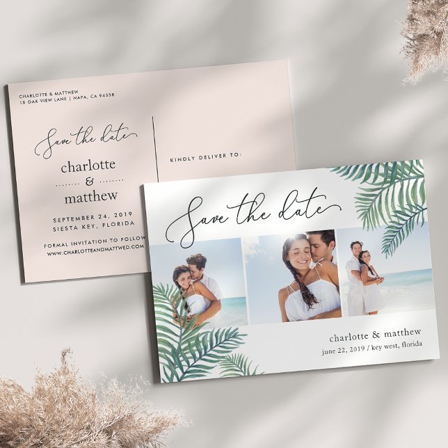Postal De Anuncios Tropical Foliage Beach Wedding Photo Save the Date (Subido por el creador)