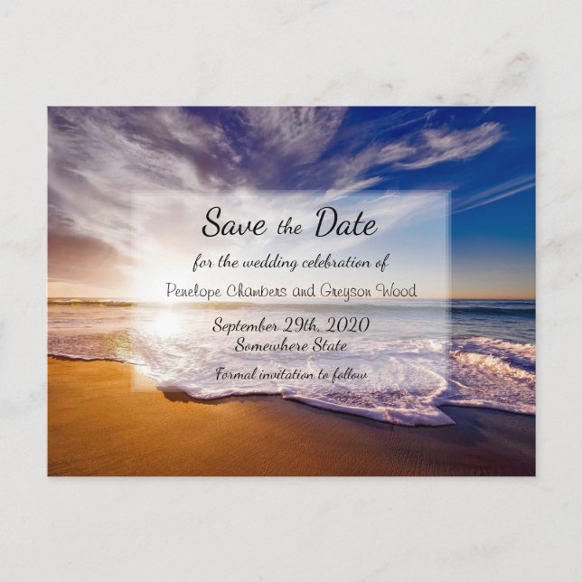 Postal De Anuncios Tropical Sunset Beach Wedding Salva la fecha (Anverso)