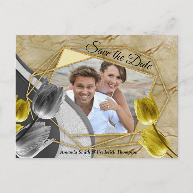 Postal De Anuncios Tulipanes grises y amarillos sobre la textura. (Anverso)