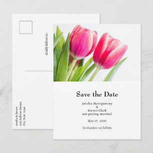 Postal De Anuncios Tulipanes rosados con foto de boda de hojas verdes