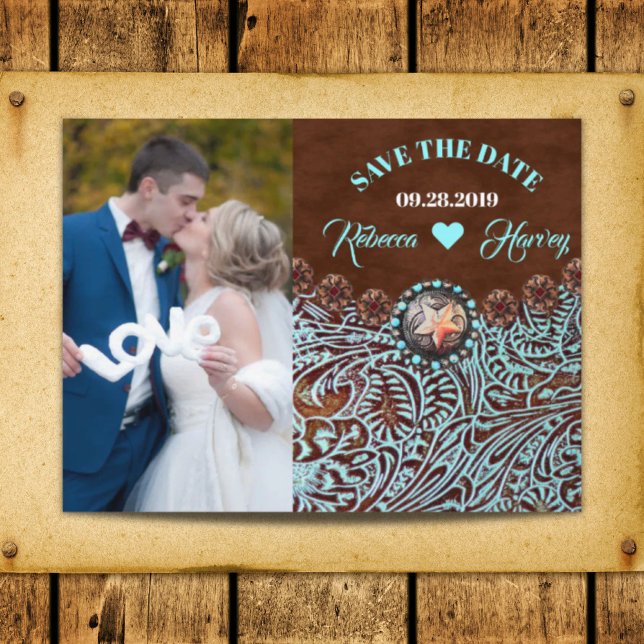 Postal De Anuncios turquesa marrón occidental ahorrar la fecha de la  (turquoise brown western wedding save the date announcement postcard)