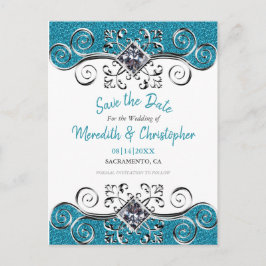 Postal De Anuncios Turquesa Purpurina Bling Wedding Save the Date