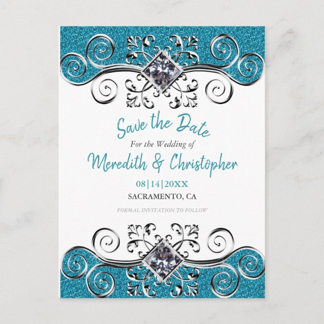 Postal De Anuncios Turquesa Purpurina Bling Wedding Save the Date (Anverso)