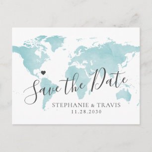 Postal De Anuncios Turquoise Blue Watercolor World Map Save the Date