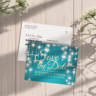 Postal De Anuncios Turquoise String Lights Gold Script Save the Date