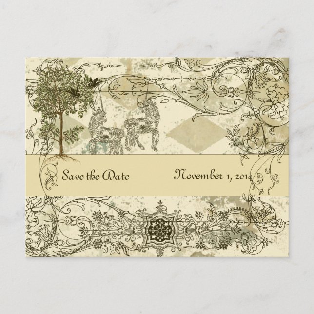 Postal De Anuncios Unicornio Verde Antiguo Save the Date (Anverso)