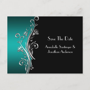 Postal De Anuncios Verde azulados Swirls Black Silver Ahorran La Fech