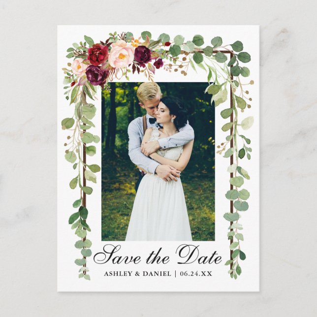 Postal De Anuncios Verde Botánico Floral Borgoña Save The Date (Anverso)