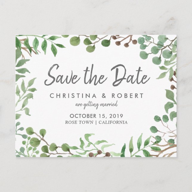 Postal De Anuncios Verde Botánico | Hoja | Salvar La Fecha (Anverso)