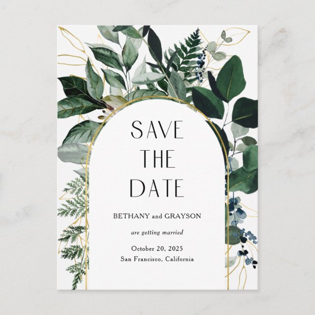 Postal De Anuncios Verde Botánico moderno boda de código QR fecha de  (Anverso)